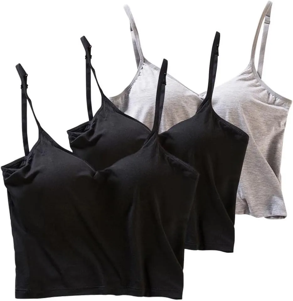 2 Pack Womens Cami Tank Tops with Built in Bra Summer Crop Spaghetti Strap Padded Camisoles Casual Modal Undershirts