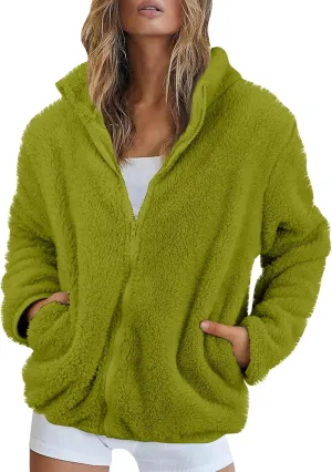 2024 Womens Winter Coats Long Sleeve High Collar Zip up Casual Comfy Warm Plush Loose Jackets with Pockets