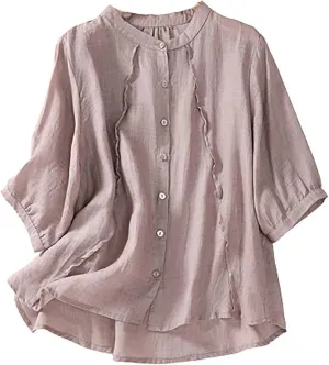 2025 Summer Boho Top Cotton Linen Button Long Sleeve Shirt Women Vintage Blouse Tees Loose Casual Peasant Tunics Tops