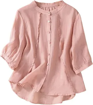 2025 Summer Boho Top Cotton Linen Button Long Sleeve Shirt Women Vintage Blouse Tees Loose Casual Peasant Tunics Tops