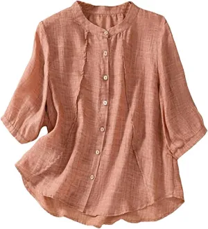 2025 Summer Boho Top Cotton Linen Button Long Sleeve Shirt Women Vintage Blouse Tees Loose Casual Peasant Tunics Tops
