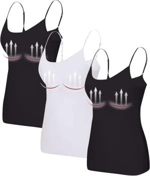 3 Pack Womens Tank Tops with Built in Bra Adjustable Spaghetti Strap Camisole Tanks Basic Padded Shelf Bra Tank Tops