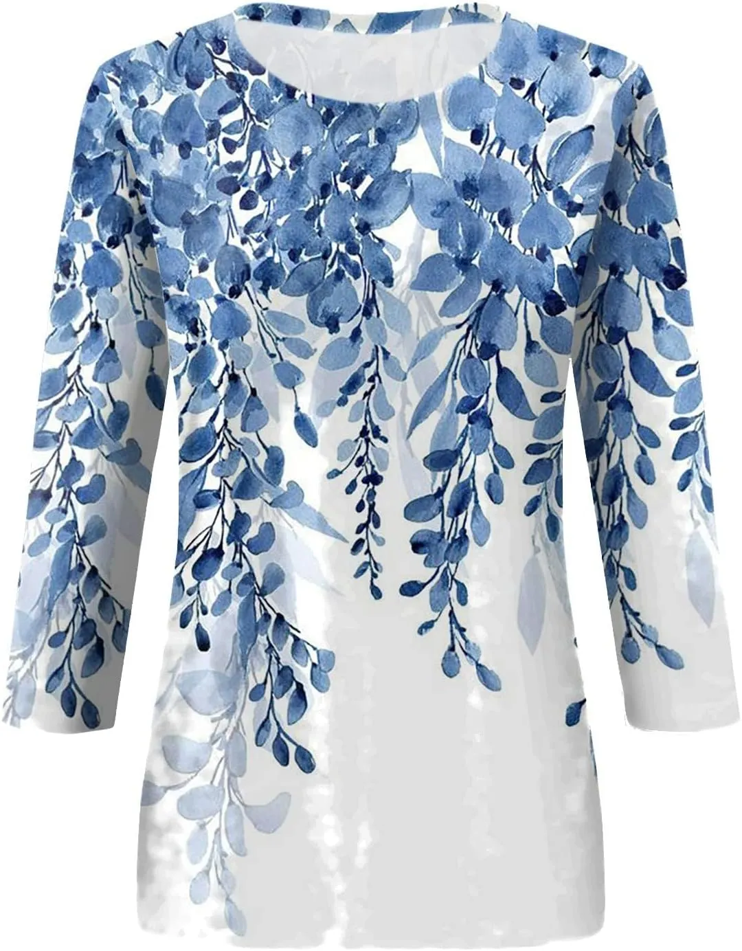 3/4 Length Sleeve Womens Tops Boho Printed Pullover Round Neck Casual Basic Blouses Loose Fit 3/4 Sleeve T Shirts