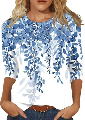 3/4 Length Sleeve Womens Tops Boho Printed Pullover Round Neck Casual Basic Blouses Loose Fit 3/4 Sleeve T Shirts