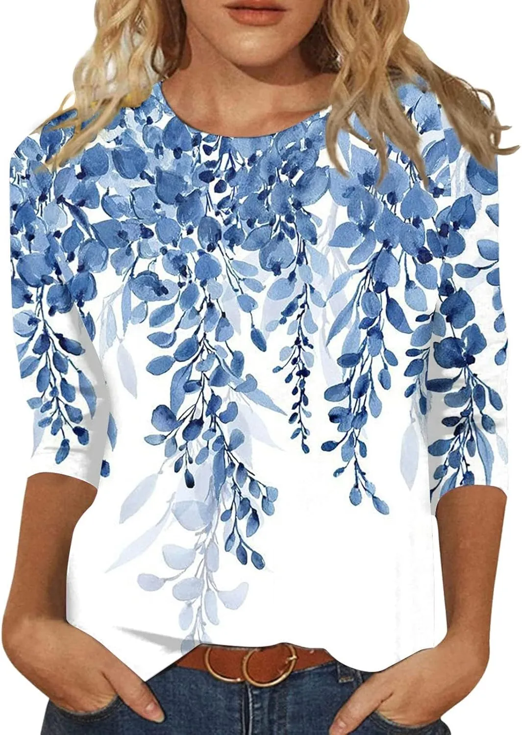 3/4 Length Sleeve Womens Tops Boho Printed Pullover Round Neck Casual Basic Blouses Loose Fit 3/4 Sleeve T Shirts