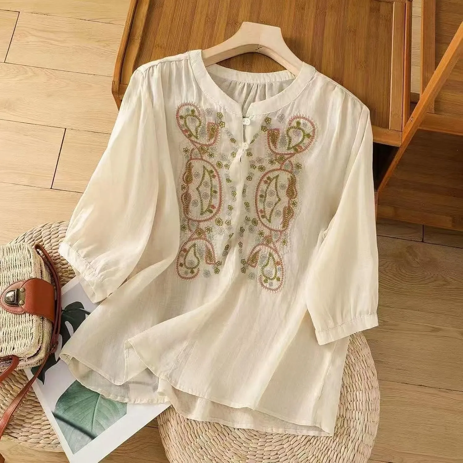 3/4 Sleeve Cotton Linen Shirts for Women 2025 Summer Retro Embroidered Boho Tops Dressy Casual Trendy Vacation Blouse