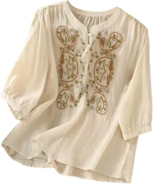 3/4 Sleeve Cotton Linen Shirts for Women 2025 Summer Retro Embroidered Boho Tops Dressy Casual Trendy Vacation Blouse