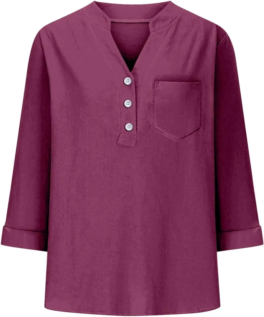 3/4 Sleeve Linen Tops for Women Loose Fit V Neck Button Down Henley Shirts Cute Summer Beach Tee Shirts with Pocket
