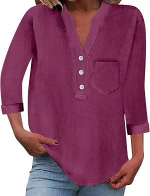 3/4 Sleeve Linen Tops for Women Loose Fit V Neck Button Down Henley Shirts Cute Summer Beach Tee Shirts with Pocket