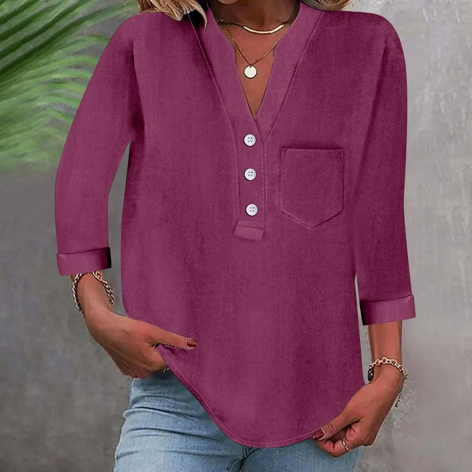 3/4 Sleeve Linen Tops for Women Loose Fit V Neck Button Down Henley Shirts Cute Summer Beach Tee Shirts with Pocket