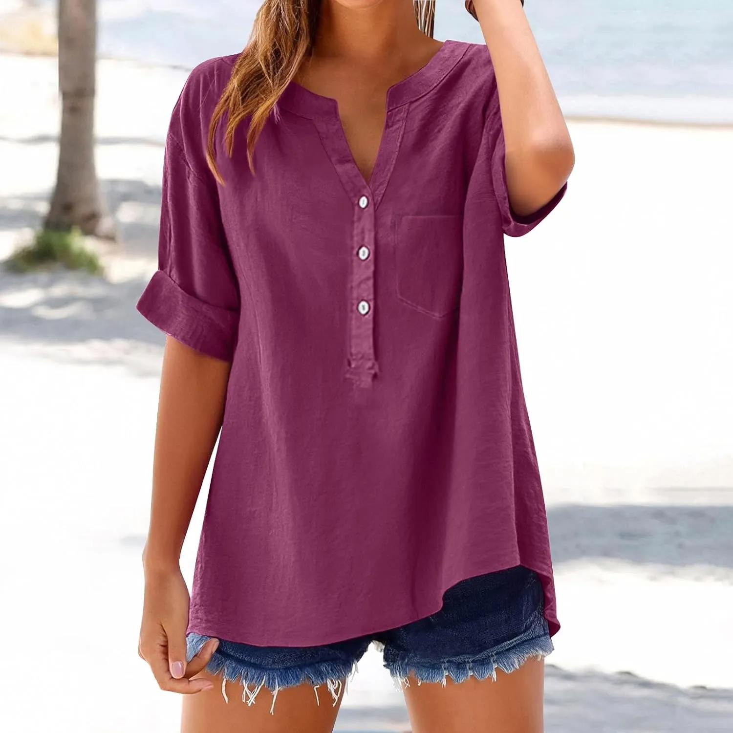 3/4 Sleeve Linen Tops for Women Loose Fit V Neck Button Down Henley Shirts Cute Summer Beach Tee Shirts with Pocket