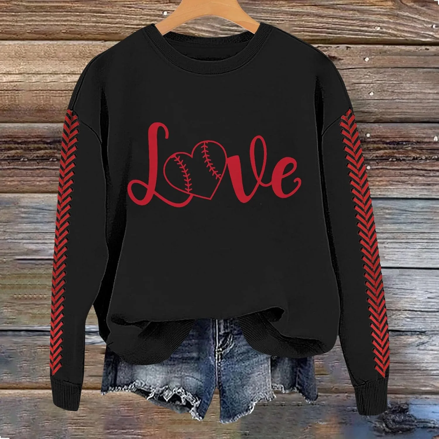 Baseball Sweatshirt for Womens 2025 Long Sleeves Round Neck Pullover Baseball Letter Print Blouses Fall Workout Tops