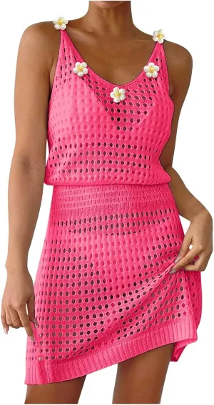 Beach Vacation Clothes for Women Flower Hollow Smock Solid Color Bathing Suit Cover Up Summer Outfits