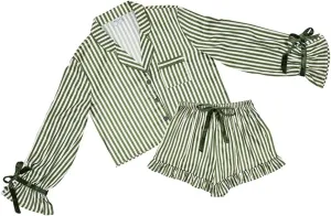 Bella Matching Pajama Sleep Set For Women, Cropped Long Sleeve and Shorts 2-Piece Loungewear, Polyester Satin With Velvet Ties, Green and White Stripe Medium