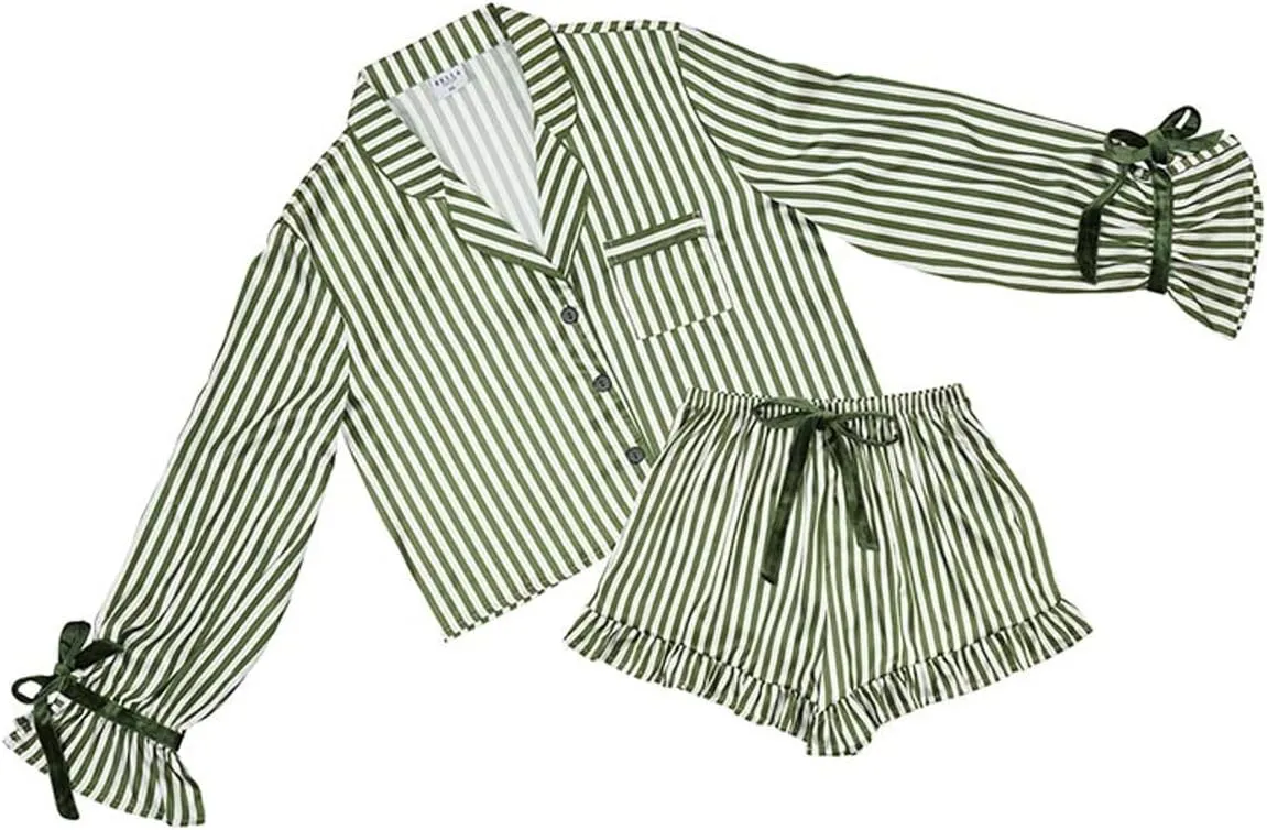Bella Matching Pajama Sleep Set For Women, Cropped Long Sleeve and Shorts 2-Piece Loungewear, Polyester Satin With Velvet Ties, Green and White Stripe Medium