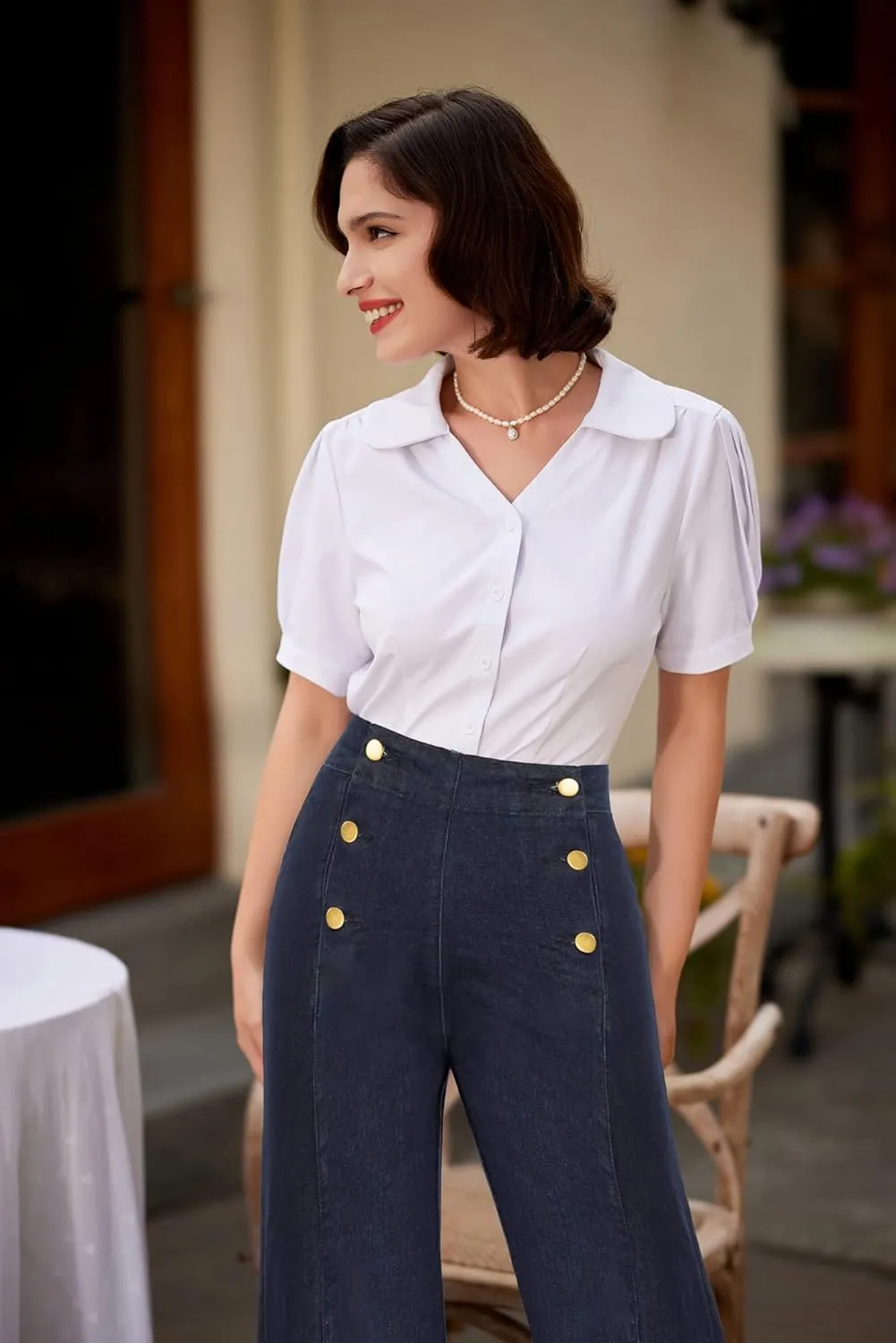 Belle Poque Women's High Waisted Wide Leg Jeans Button Decorated Casual Stretchy Demin Pants with Pockets