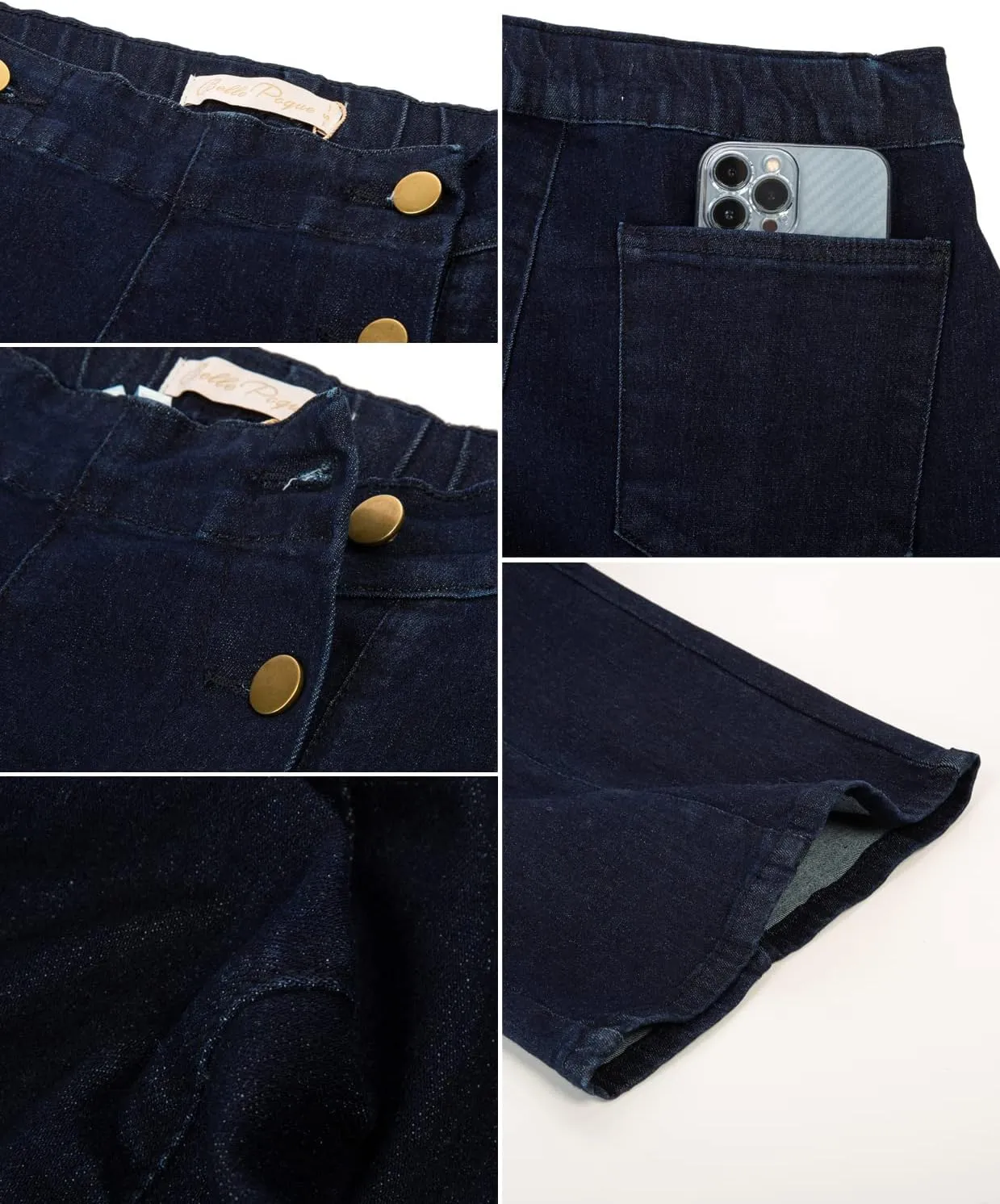 Belle Poque Women's High Waisted Wide Leg Jeans Button Decorated Casual Stretchy Demin Pants with Pockets