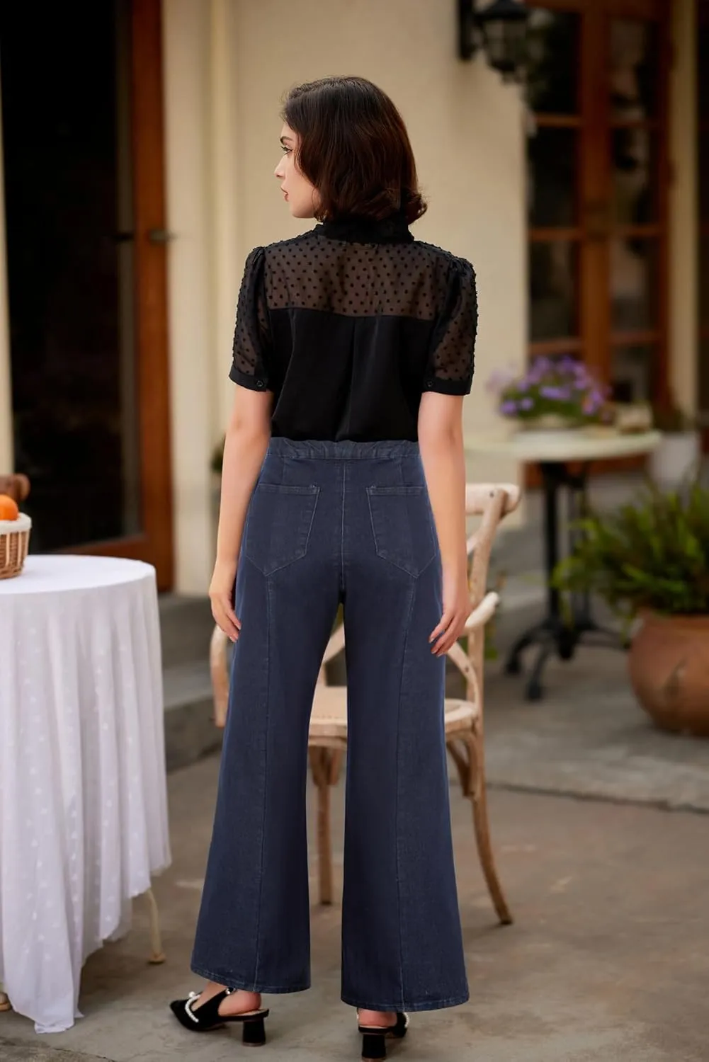 Belle Poque Women's High Waisted Wide Leg Jeans Button Decorated Casual Stretchy Demin Pants with Pockets