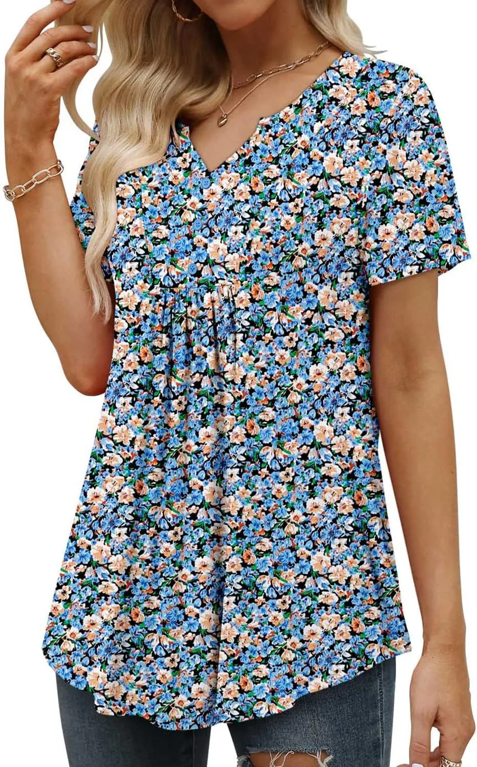BETTE BOUTIK Womens Short Sleeve Tunics V Neck Button Down Shirts Blouse Tops Pullover S-3XL