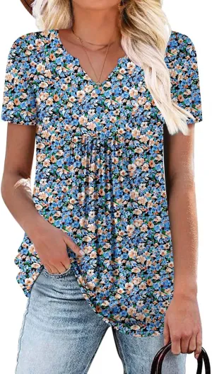 BETTE BOUTIK Womens Short Sleeve Tunics V Neck Button Down Shirts Blouse Tops Pullover S-3XL