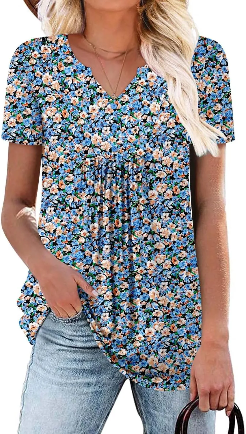BETTE BOUTIK Womens Short Sleeve Tunics V Neck Button Down Shirts Blouse Tops Pullover S-3XL