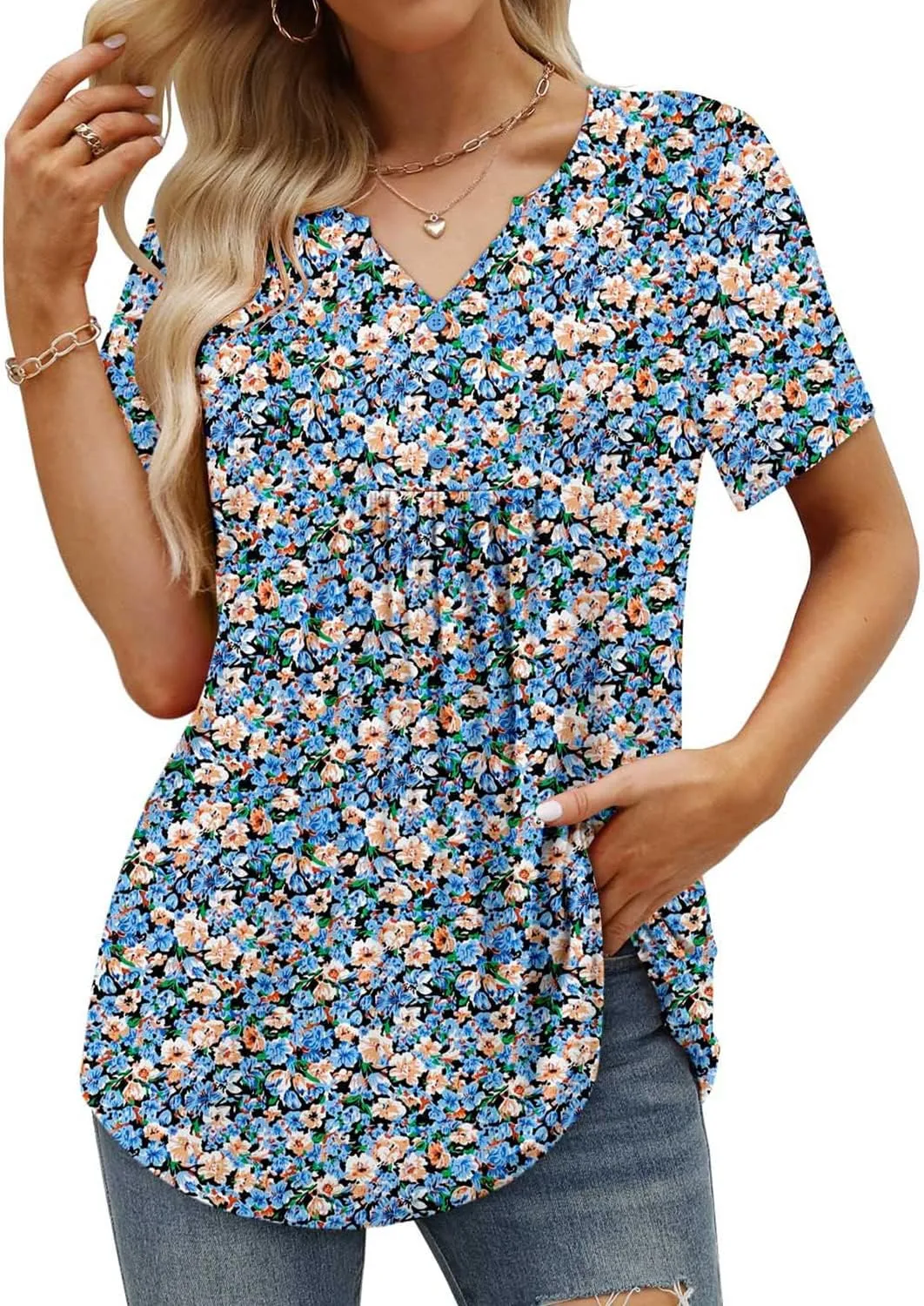 BETTE BOUTIK Womens Short Sleeve Tunics V Neck Button Down Shirts Blouse Tops Pullover S-3XL