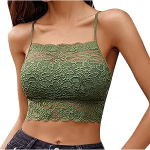 Binmer Lace Bralette for Womens High Neck Camisoles Spaghetti Strap Crop Tops Racerback Double-Layered Half Cami Tank Top