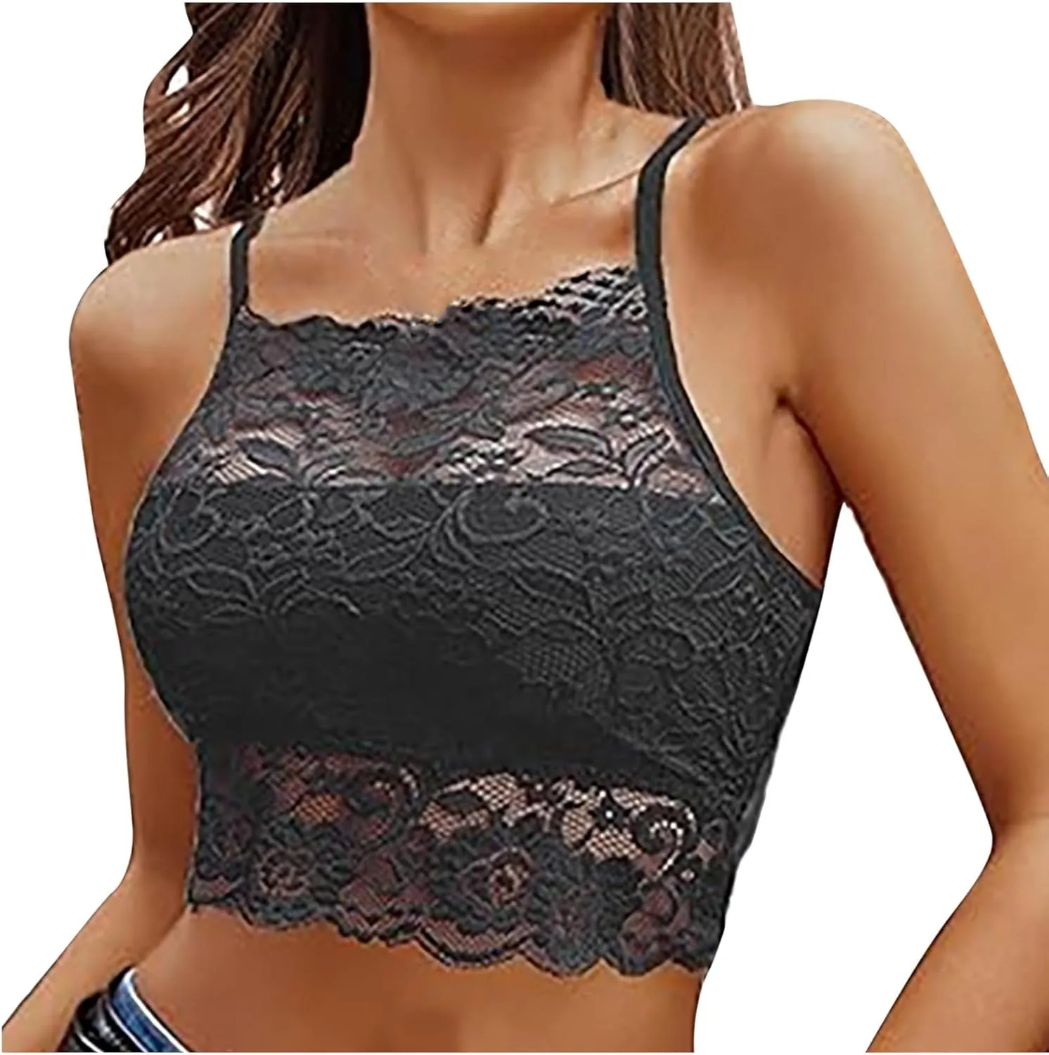 Binmer Lace Bralette for Womens High Neck Camisoles Spaghetti Strap Crop Tops Racerback Double-Layered Half Cami Tank Top