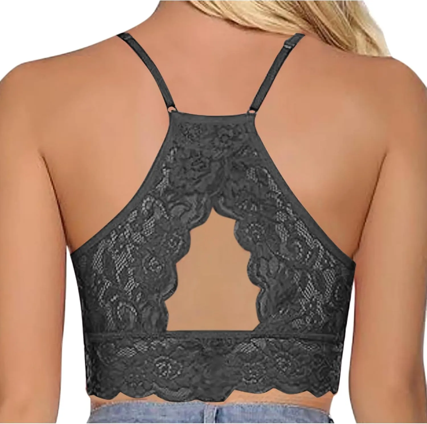 Binmer Lace Bralette for Womens High Neck Camisoles Spaghetti Strap Crop Tops Racerback Double-Layered Half Cami Tank Top