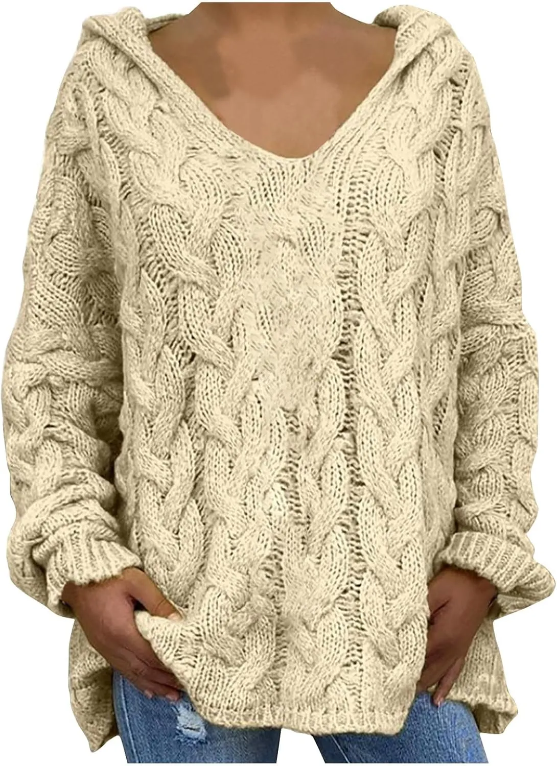 Cable Knit Sweater for Women Oversized Hoodie Sweaters Long Sleeve V Neck Pullover Top Loose Hooded Jumper Knitwear