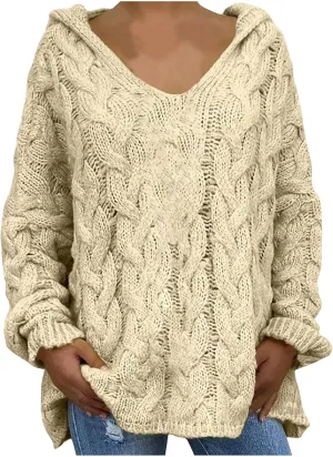 Cable Knit Sweater for Women Oversized Hoodie Sweaters Long Sleeve V Neck Pullover Top Loose Hooded Jumper Knitwear
