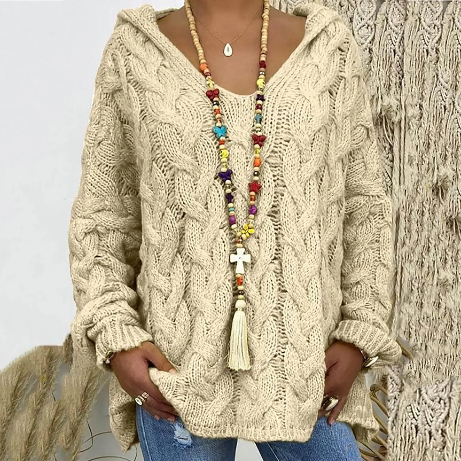 Cable Knit Sweater for Women Oversized Hoodie Sweaters Long Sleeve V Neck Pullover Top Loose Hooded Jumper Knitwear