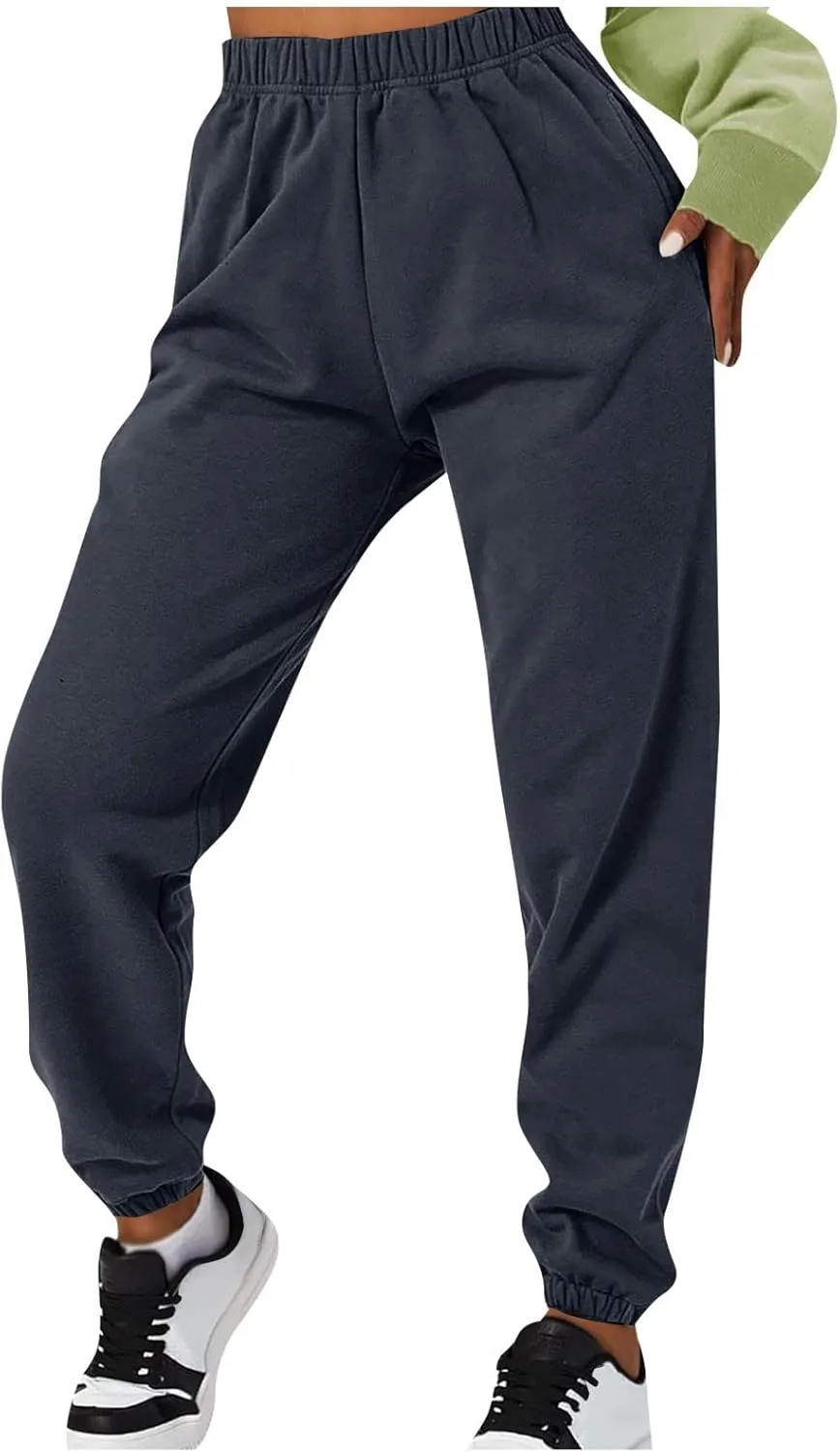 Cargo Sweat Pants Women Pockets Solid Color Straight Athletic Fleece Bottom Elastic Waisted Workout Baggy Sweatpant