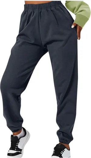 Cargo Sweat Pants Women Pockets Solid Color Straight Athletic Fleece Bottom Elastic Waisted Workout Baggy Sweatpant