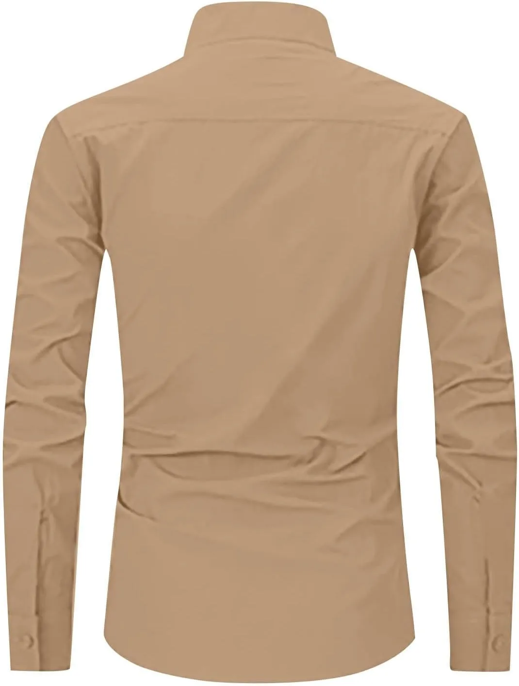 Cotton Linen Shirt for Men Solid Color Long Sleeve Shirts Casual Band Collar Vocation Tops Blouse with Pocket