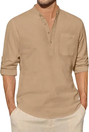 Cotton Linen Shirt for Men Solid Color Long Sleeve Shirts Casual Band Collar Vocation Tops Blouse with Pocket