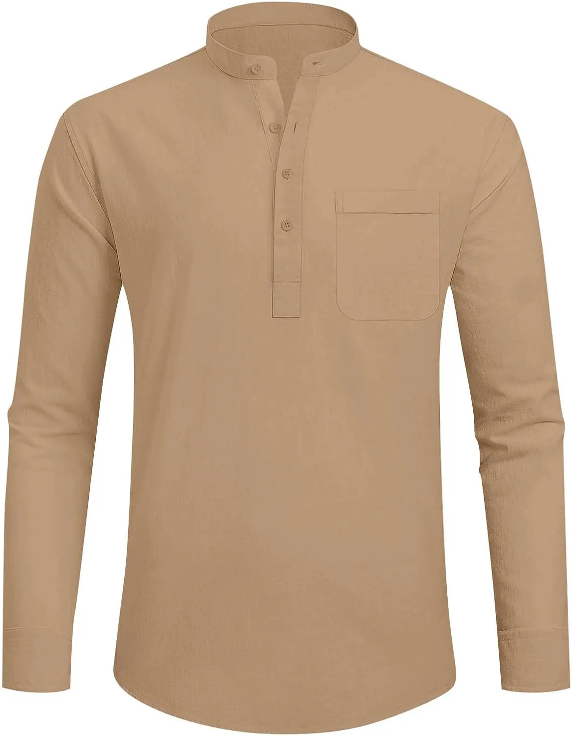 Cotton Linen Shirt for Men Solid Color Long Sleeve Shirts Casual Band Collar Vocation Tops Blouse with Pocket