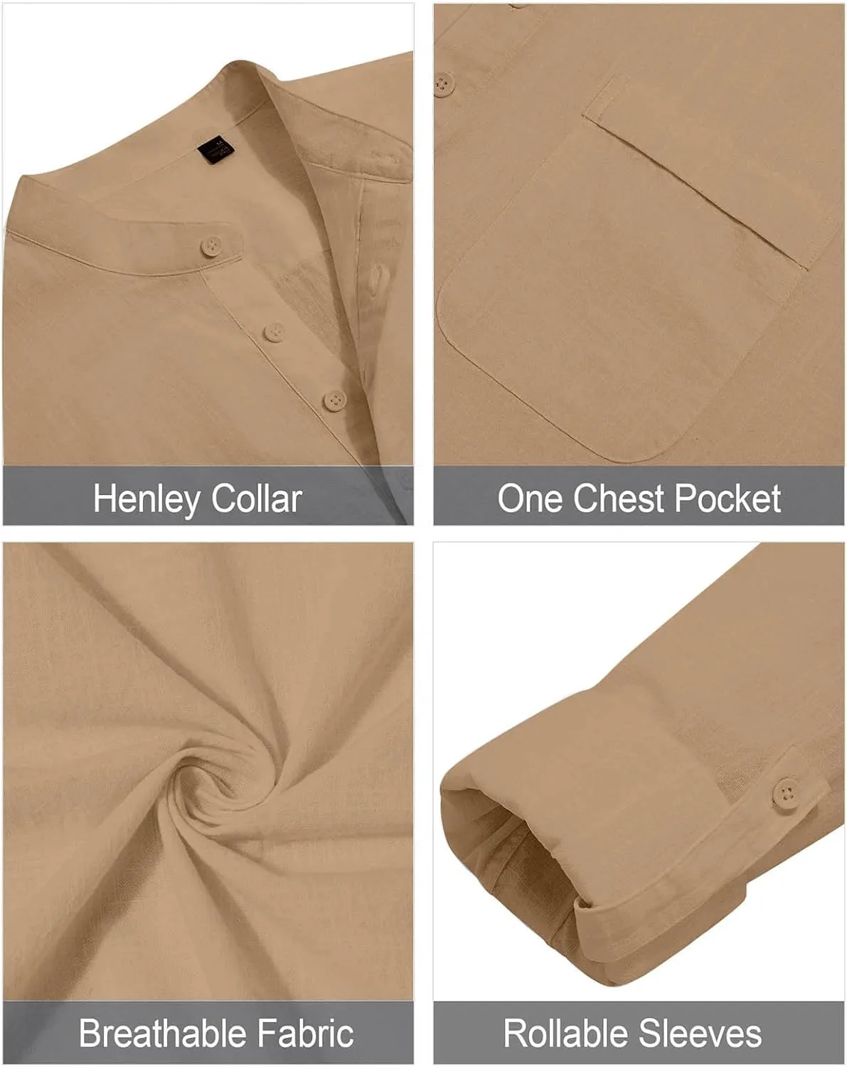 Cotton Linen Shirt for Men Solid Color Long Sleeve Shirts Casual Band Collar Vocation Tops Blouse with Pocket