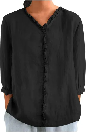 Cotton Linen Shirts for Women Long Sleeve Ruffle Collar Blouse Summer Tops Loose Lightweight Flowy Beach Outfits 2025
