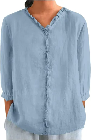 Cotton Linen Shirts for Women Long Sleeve Ruffle Collar Blouse Summer Tops Loose Lightweight Flowy Beach Outfits 2025