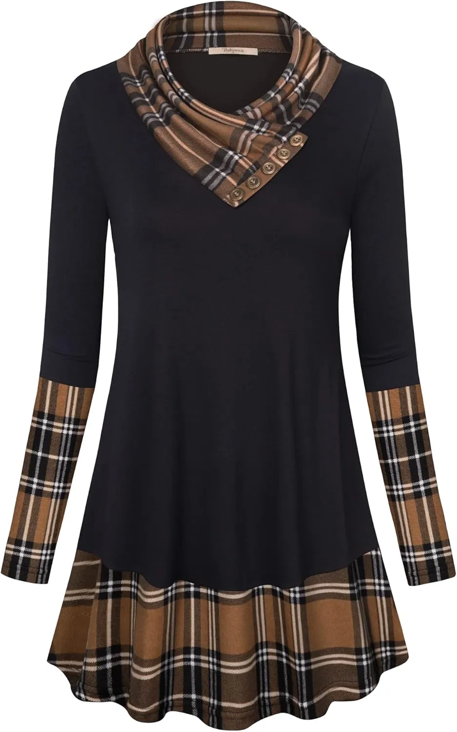 Cowl Neck Tunics Long Sleeve Patchwork Form Fitting Casual A-Line Top Blouse