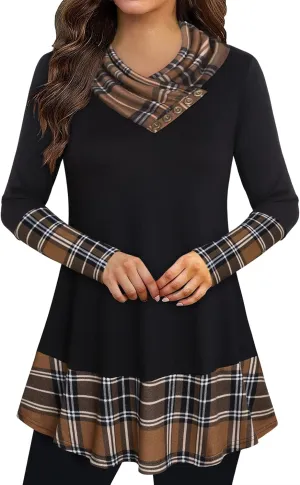 Cowl Neck Tunics Long Sleeve Patchwork Form Fitting Casual A-Line Top Blouse