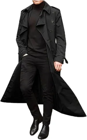 CRNTCEM Men's Long Trench Coat Winter Casual Notch Lapel Double Breasted Slim Fitted Oversized Windbreaker Jacket Outwears