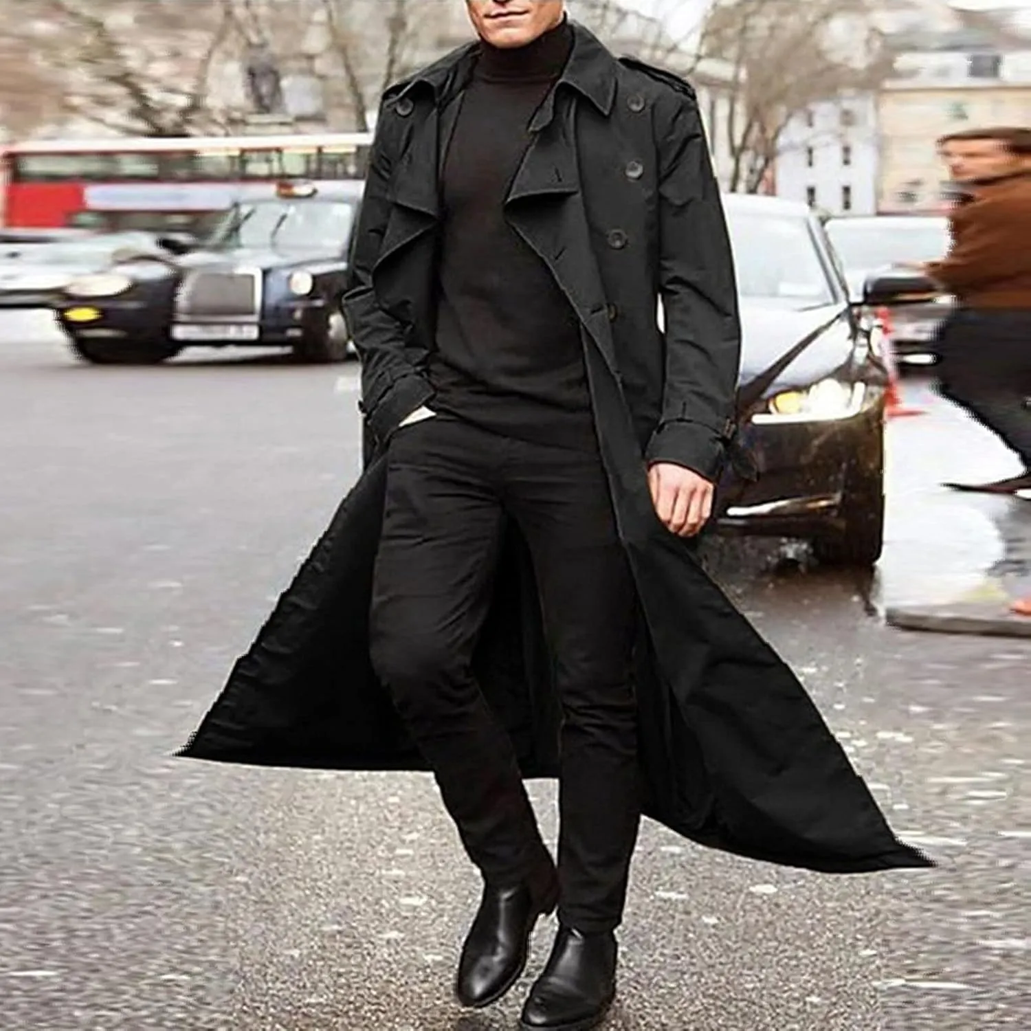 CRNTCEM Men's Long Trench Coat Winter Casual Notch Lapel Double Breasted Slim Fitted Oversized Windbreaker Jacket Outwears