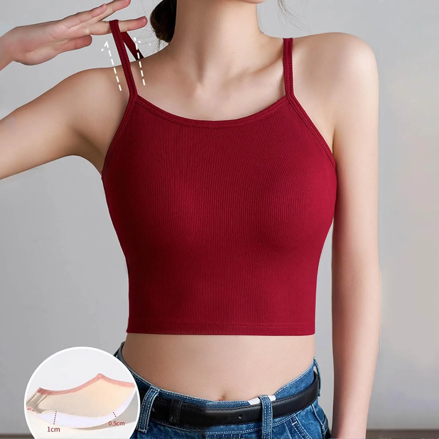 Crop Tops with Built in Bras for Women,Soft High Stretchy Crew Neck Spaghetti Strap Camisole Outfit 2025 New