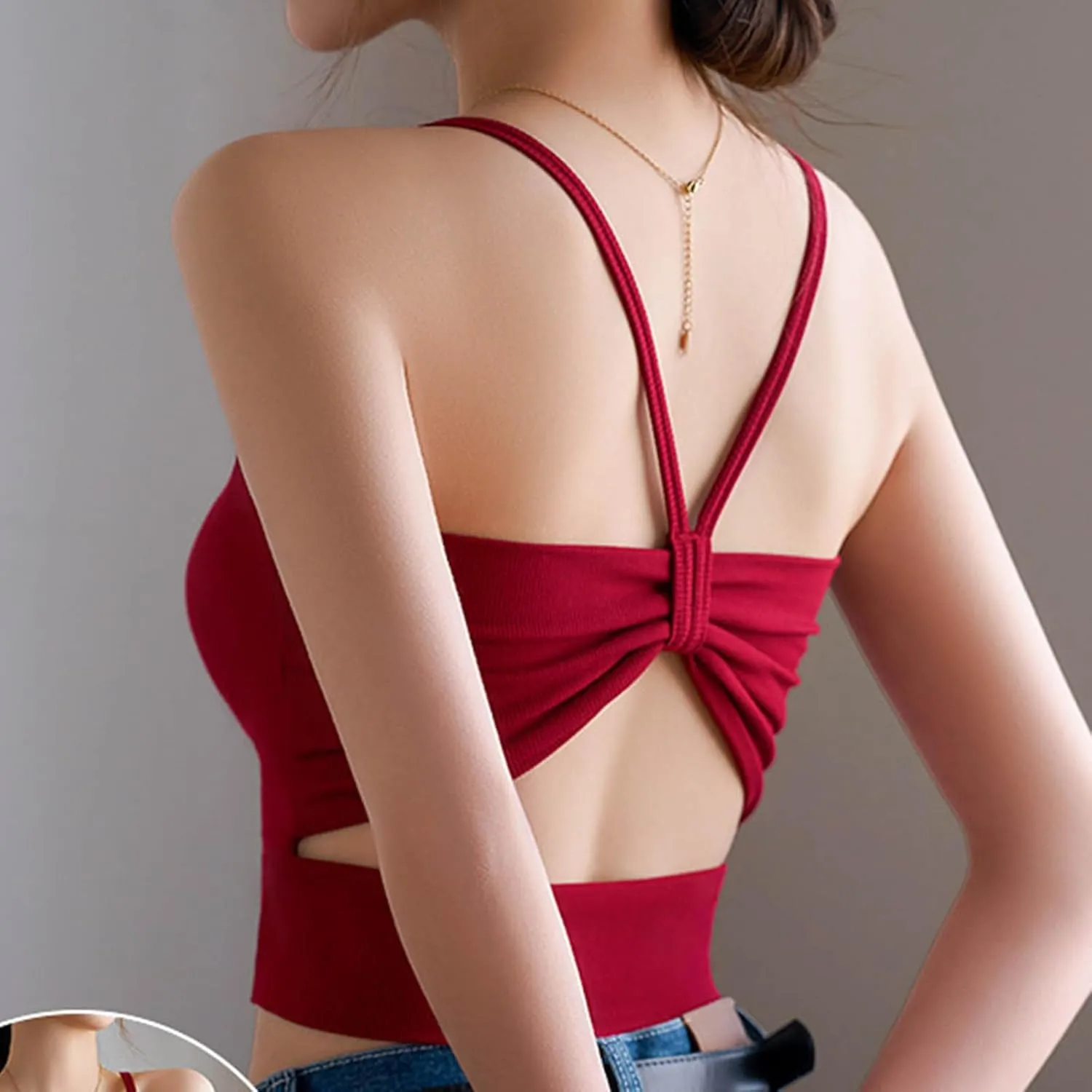 Crop Tops with Built in Bras for Women,Soft High Stretchy Crew Neck Spaghetti Strap Camisole Outfit 2025 New