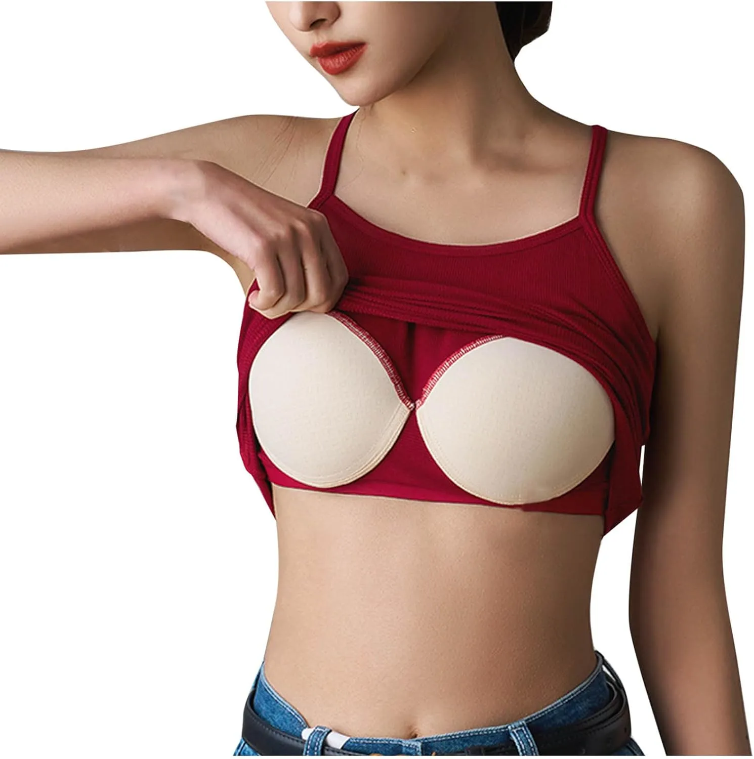 Crop Tops with Built in Bras for Women,Soft High Stretchy Crew Neck Spaghetti Strap Camisole Outfit 2025 New