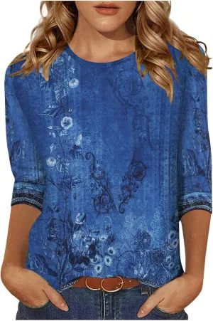 Ctreela Boho 3/4 Sleeve Clothes for Women Plus Size Dressy Blouses for Work Casual Vacation 2025 Trendy T Shirts S-5XL