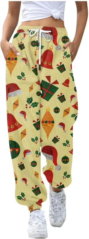 Cute Christmas Pants for Women Cute Snowman Printed Drawstring Joggers Pants for Girls Baggy High Waisted Sweatpants