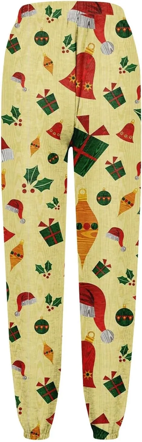 Cute Christmas Pants for Women Cute Snowman Printed Drawstring Joggers Pants for Girls Baggy High Waisted Sweatpants